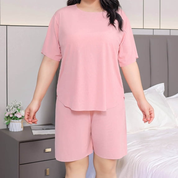 Ayolanni Womens Pajamas Sets Plus Size Short Sleeve Solid Tops and Shorts Loungewear Pink Daily 2 Piece Lounge Sets XL