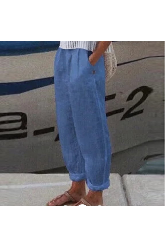Womens Pants Blue Slim-Leg Cotton Linen High Rise Solid Slacks Pants for Women Jeans M