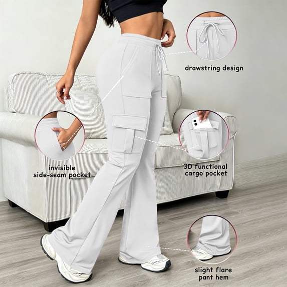 Ayolanni Womens Pants Jogging Hiking Solid Straight Leg Pants White Drawstring Elastic Waist Slim Cargo Pants with Pockets XL
