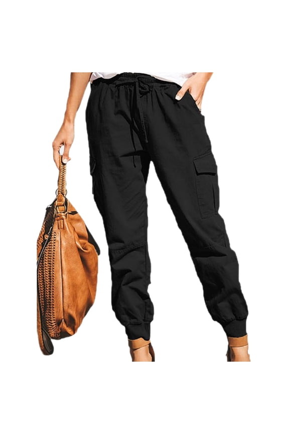 Womens Pants Petite Cotton Black Cargo Cuffed Solid Drawstring Trousers Ladies Pants Plus Size S