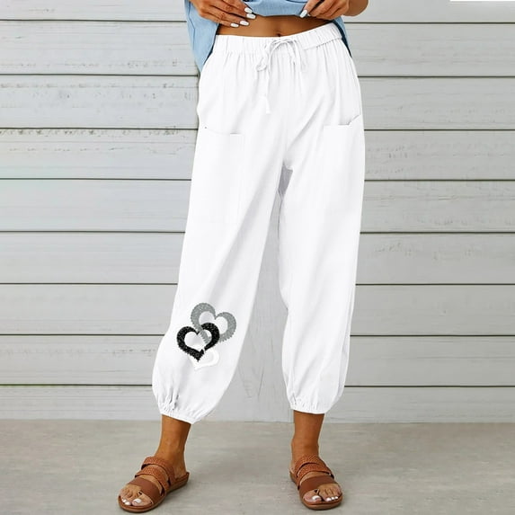 Ayolanni Womens Pants Petite Plus Size Cuffed Cotton Linen White Drawstring Heart Print Slacks Womens Sweatpants M