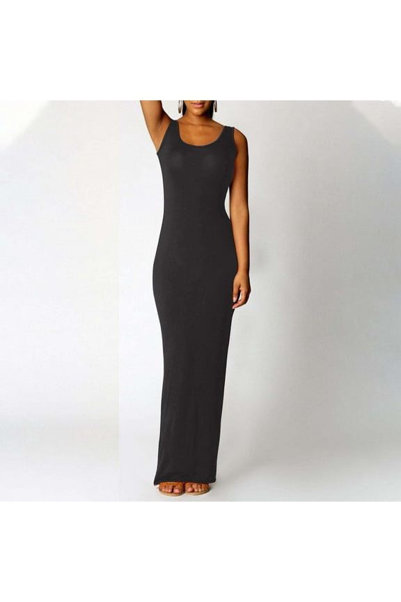 Womens Party Dresses 2025 Black Ankle-Length Sleeveless Solid Bodycon Dresses Dresses for Juniors L