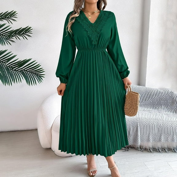 Ayolanni Womens Party Dresses Plus Size Green V-Neck Long Sleeve Solid Maxi Dresses Teen Dresses L