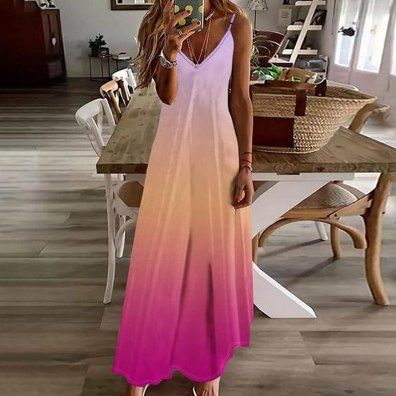 Ayolanni Womens Party Dresses Plus Sizes Pink V-Neck Sleeveless Ombre Maxi Dresses Dresses for Teens for Church S