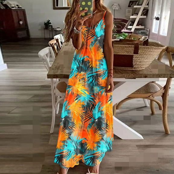 Ayolanni Womens Party Dresses Tropical Vacation V-Neck Sleeveless Maxi Dresses Summer Dresses for Juniors L