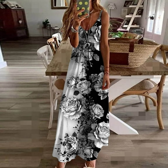 Ayolanni Womens Party Dresses V-Neck Loose Ankle-Length Blue Sleeveless Floral Print Vacation Dresses Junior Dresses L