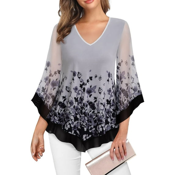 Ayolanni Womens Ruffle 3/4 Sleeve Mesh Tops Double Layers Flowy Shirts Elegant v Neck Chiffon Blouses Trendy Floral Print