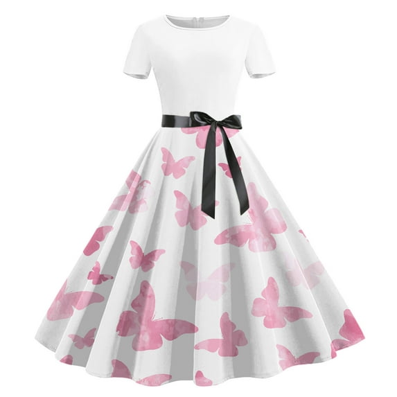 Ayolanni Womens Summer Dresses A-Line Pink Knee-Length Short Sleeve Butterfly Print Dresses Ladies Dresses L