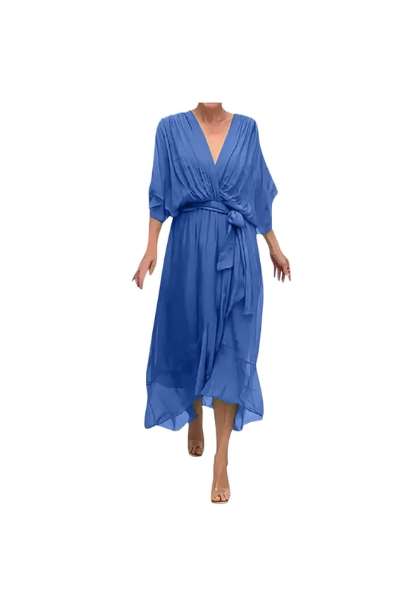 Womens Summer Dresses Blue V-Neck Solid Short Sleeve Maxi Dresses Dresses for Juniors 4x