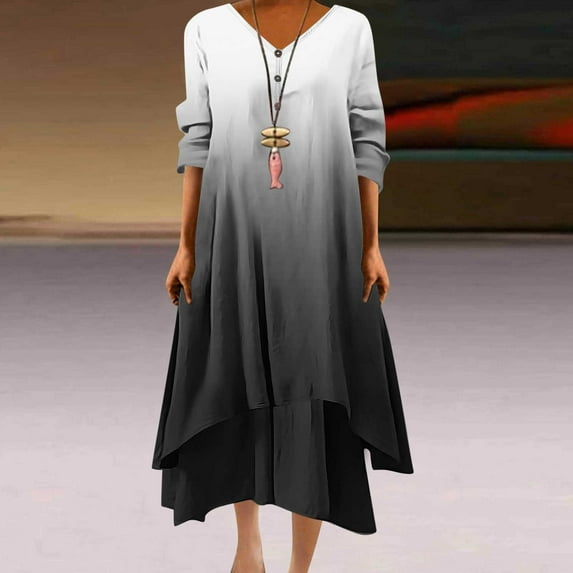 Ayolanni Womens Summer Dresses Under $10 Black V-Neck Long Sleeve Ombre Maxi Dresses Cute Dresses for Teens L