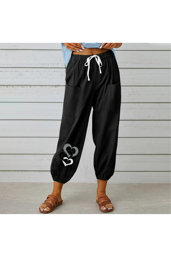 Womens Summer Pants Black Cotton Linen Cuffed Drawstring Heart Print Slacks Ladies Pants Petite M
