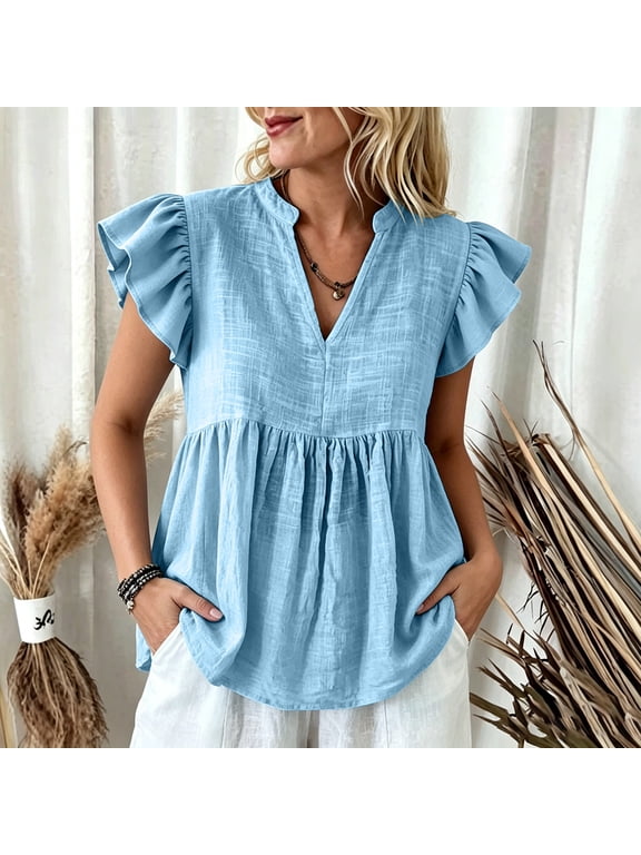Ruffled Womens T Shirts V-Neck Solid Short Sleeve Blouse Daily Sweet Flutter Relaxed Fit Shirts Women's Tops, Tees & Blouse Blue XL