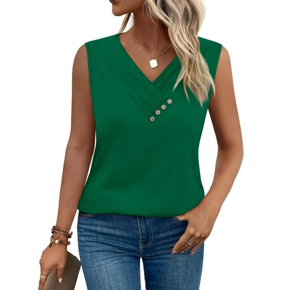 Ayolanni Womens Top V-Neck Green Solid Tank Tops Ladies Blouses on Clearance under 3.50 S