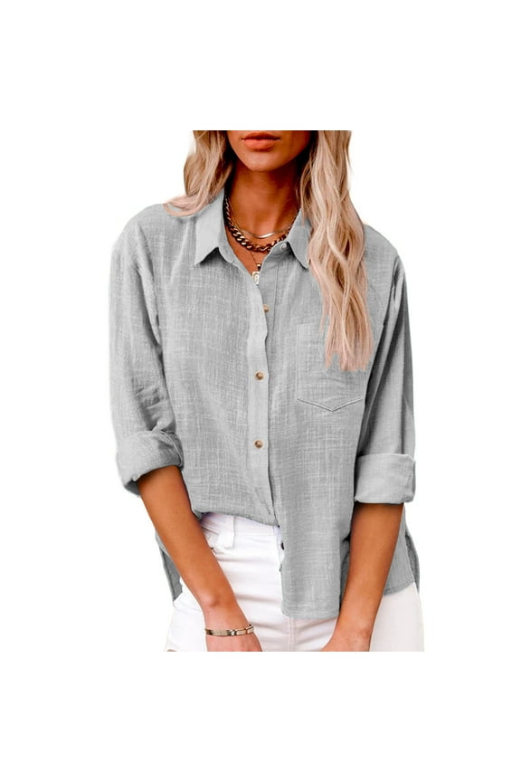 Womens Tops Dressy Casual 2023 Summer Cotton Linen t-Shirts Long Sleeve Collared Button Down Shirt Work Blouse