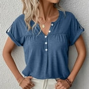 Ayolanni Womens Tops V-Neck Short Sleeve Blue T-Shirts Solid Blouse Tops Size S