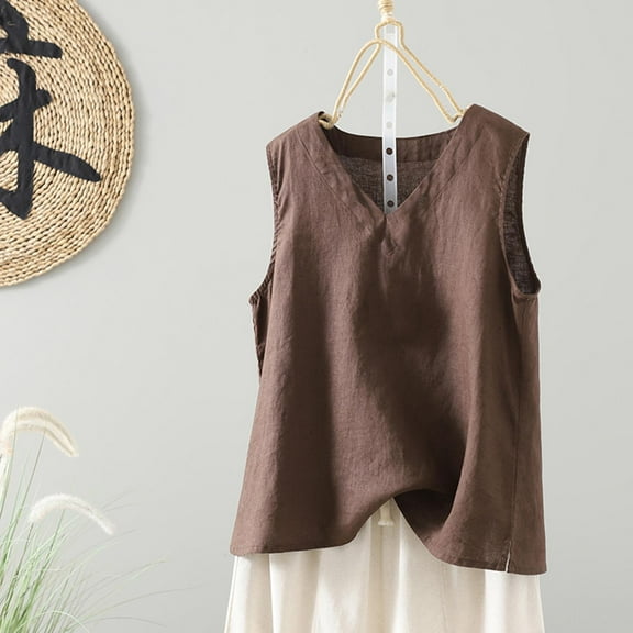 Ayolanni Womens Trendy Tops V-Neck Cotton Linen Brown Solid Tank Tops Shirts for Teen Girls L