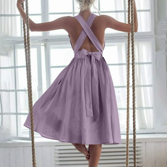 Ayolanni Work Dresses for Women 2025 Cotton Linen Halter Purple Solid Sleeveless Midi Dresses Cute Dresses for Teens XL