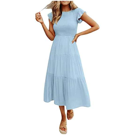 Ayolanni Work Dresses for Women 2025 Knee-Length Blue Flutter Short Sleeve Solid Dresses Party Dresses for Girls 2x