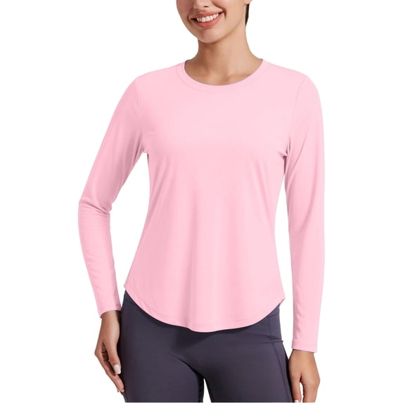 Ayolanni Workout Tops for Women Long Sleeve Pink Sun Protection Tops Crew Neck Sports Fitted Tees