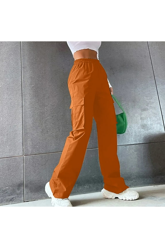 Yellow Pants Women Cargo Plus Size Elastic Waist Travel Straight Leg Sweatpants Ladies Pants with Pockets M