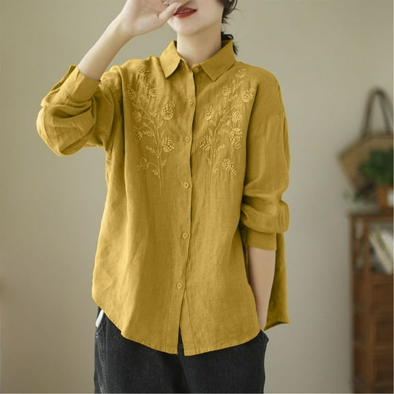 Ayolanni Yellow Woman Clothes under 7 Cotton Linen Long Sleeve Solid Button-up Shirts Shirts for Girls 2X