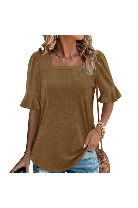 Yellow Womens Blouses Casual Flutter 3/4 Sleeve Square Neck Cotton Solid Blouses Basics Womens Clothing L