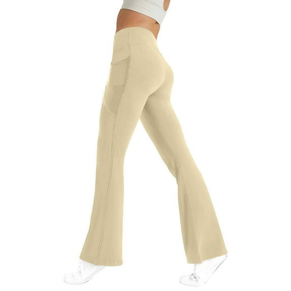 Ayolanni Yoga Loose Pants for Women Stretchy Flare Leg Beige High Waist Solid Pants Womens Trousers