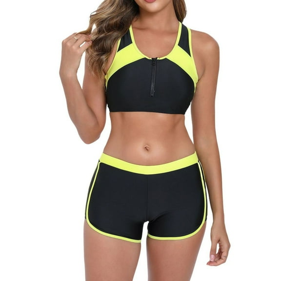 Ayolanni Zipper Rash Guards for Women Sleeveless Yellow Colorblock Rash Guard Swimsuits for Women L