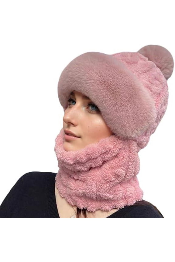 Fluffy Hat Winter Balaclava for Women Beanie for Women Balaclava Hat, Wind-Resistant Hat Cap Scarf, Plush Lined, Face Cover for Cold Weather Hooded Scarf Beanie Pink