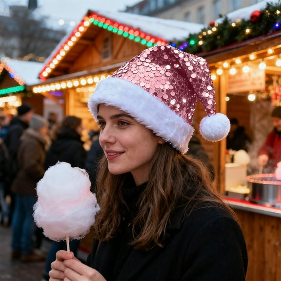 Ayprnig Sequin Santa Hat For Adults With Shiny Sequin And Fluffy Pompom, Christmas Party Hat For New Year Xmas Festival Pink