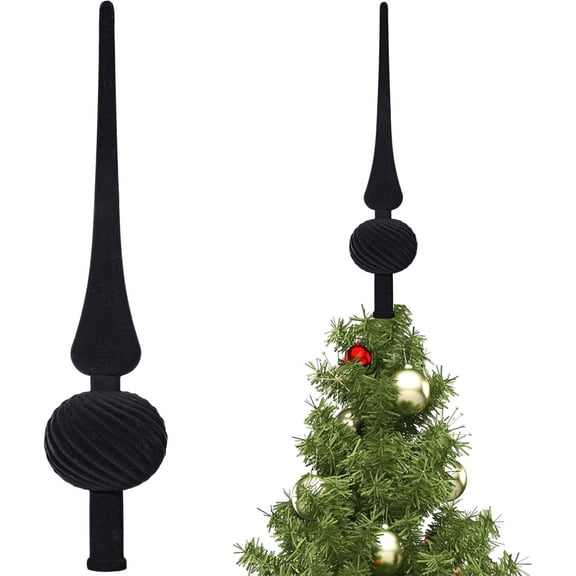 Ayprnig Velvet Finial Christmas Tree Topper Vintage Spherical Tree Topper Velvet Finial Mid Century Christmas Ornament for Home Xmas Holiday Party Decorations Black