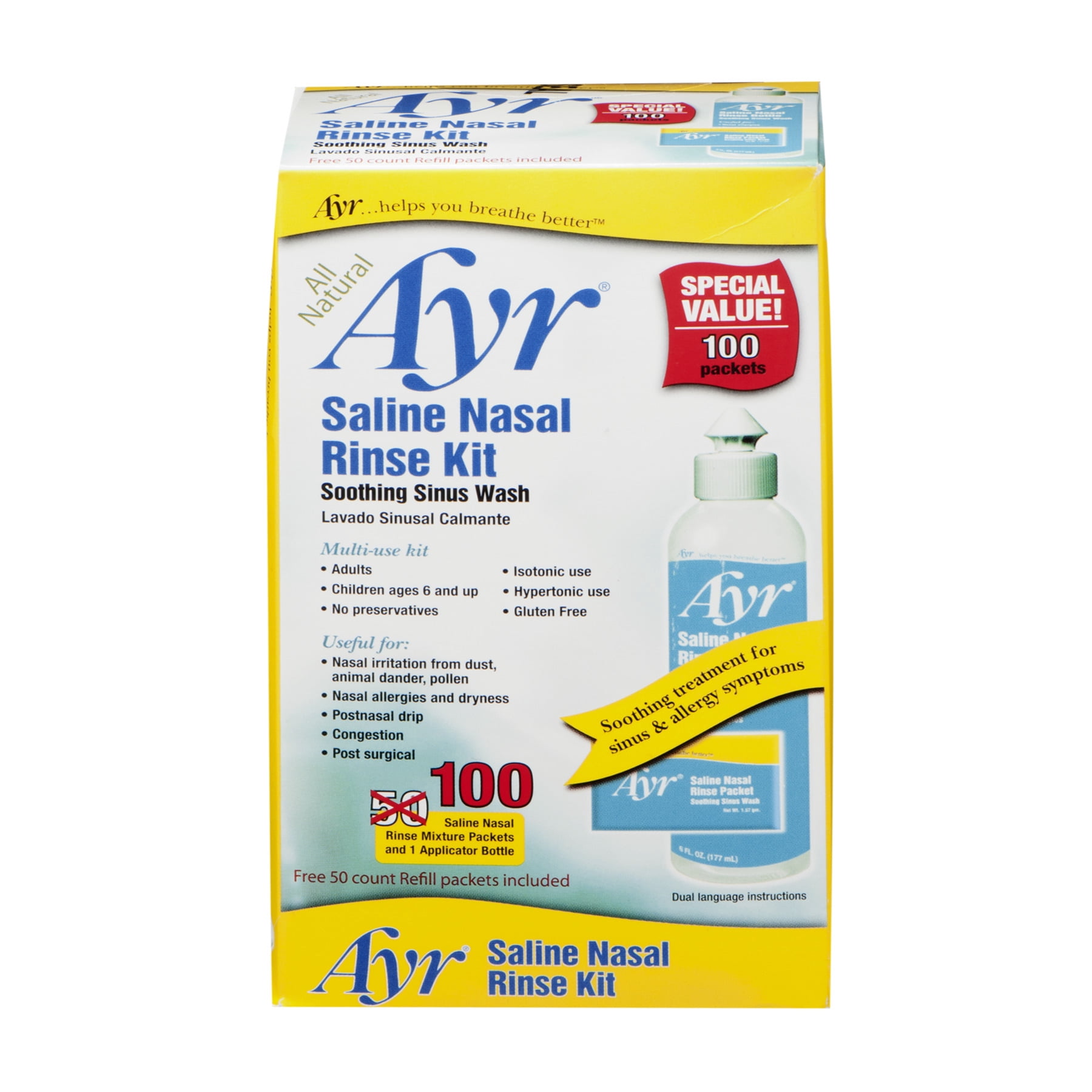 Ayr Saline Nasal Rinse Kit 100 Count - Walmart Business Supplies