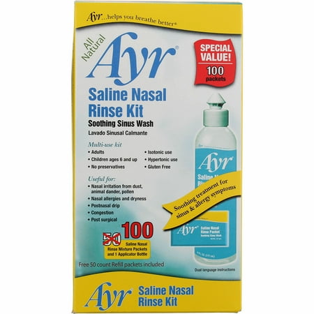 Ayr Saline Sinus Rinse Kit 100 Mix Packets Plus Applicator Bottle - 1 Ea, 3 Pack