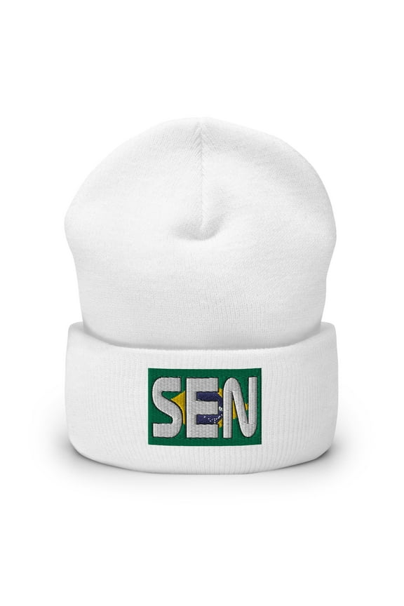 Ayrton Senna Brazil Flag F1 Embroidered Cuffed Beanie Color: White