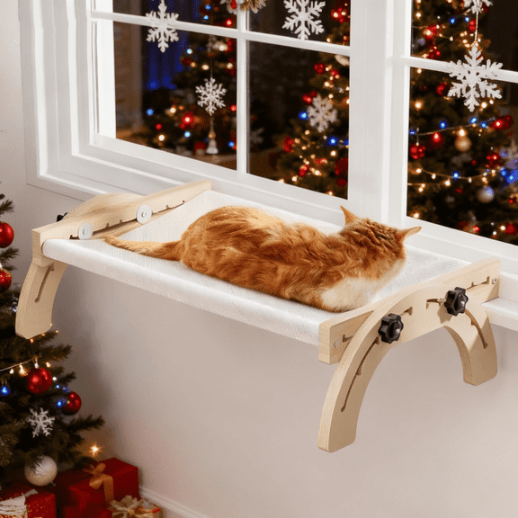 Aystkniet Cat Bed for Indoor Cats, Adjustable Cat Window Perch with Washable Cushion - 50LB Capacity Wooden (19"x16"x8") - Bird Watching & Sunbathing Platform