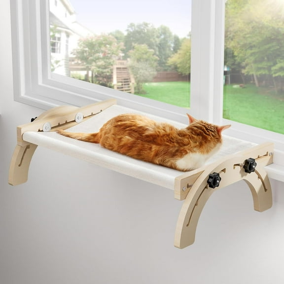 Aystkniet Cat Bed for Indoor Cats, Adjustable Cat Window Perch with Washable Cushion - 50LB Capacity Wooden (19"x16"x8") - Bird Watching & Sunbathing Platform