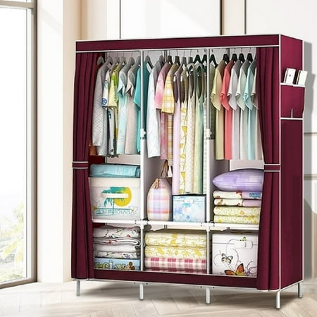 Aystkniet 3-Shelf Portable Wardrobe Closet Organizer with Hanging Space, Red