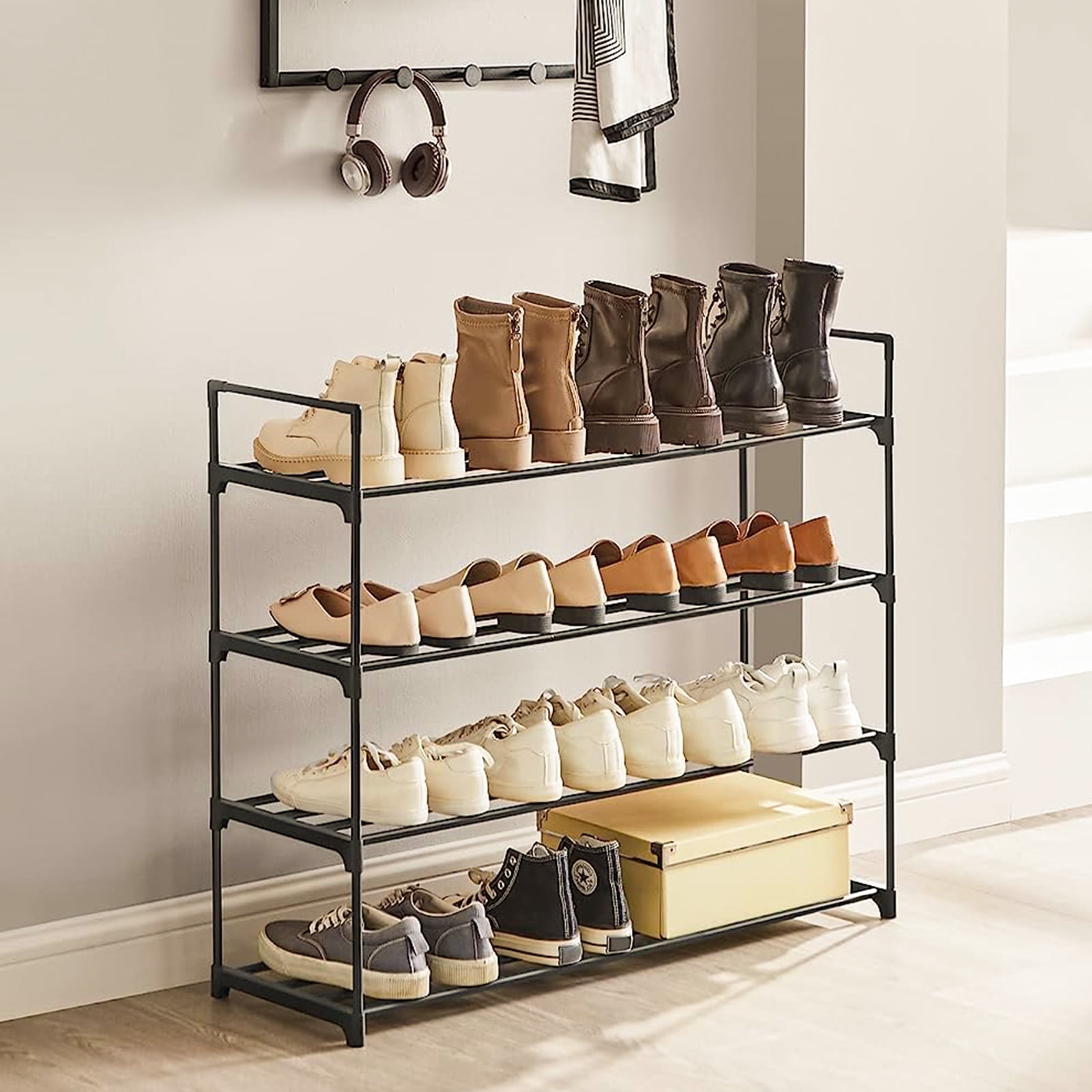 Mainstays 2 Tier Shoe Rack Storage Organizer Silver Metal and Black Rod 10 Pairs Walmart