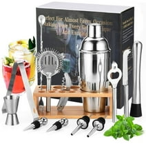 Ayternipy Cocktail Shaker Set with Stand, Mixology Bartender Kit, Bar Accessories for Home Bar with Muddler & Spoon, Silver, 14pcs