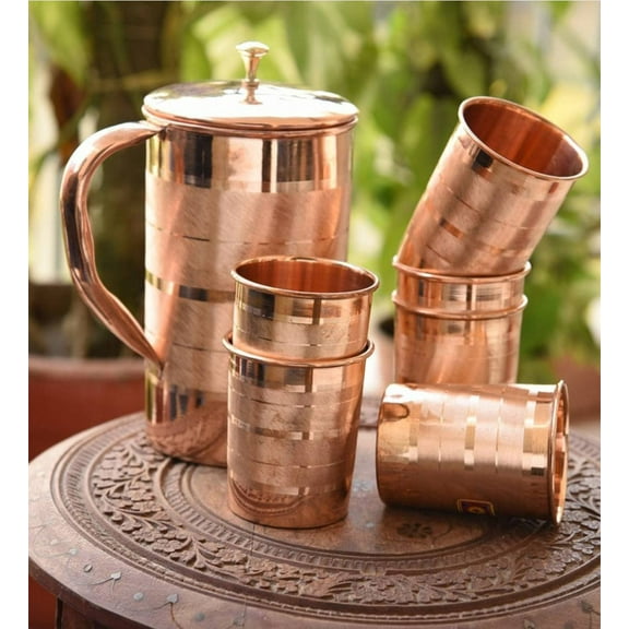 Ayurveda 100% Pure Copper Plain Luxury Design 1500ml Jug with 6 Copper Luxury Tumbler Set, 1.5 Liter