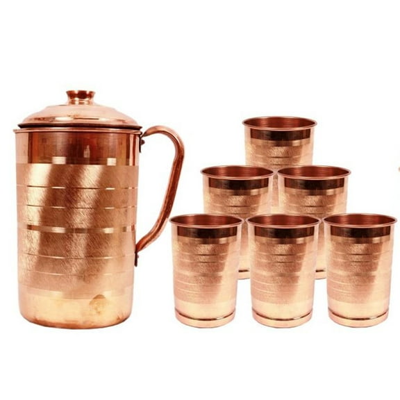 Ayurveda 100% Pure Copper Plain Luxury Design 2 Liter Jug with Luxury Design 6 Copper Tumbler Set, Medium, Bronze