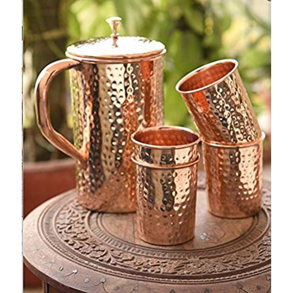 Ayurveda Pure Copper Hammered 1500 ML Jug with 4 Copper Tumbler Set