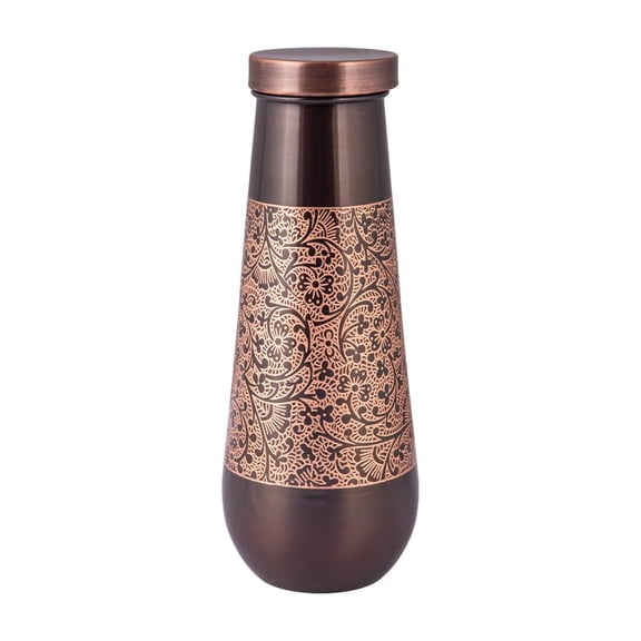 Ayurvedic 1000ml Black and Copper Floral Etching Copper Water Bottle