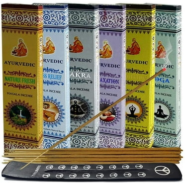 Ayurvedic Incense Sticks Variety Pack #1 And Incense Stick Holder Bundle With 6 Stress Relief Fragrances