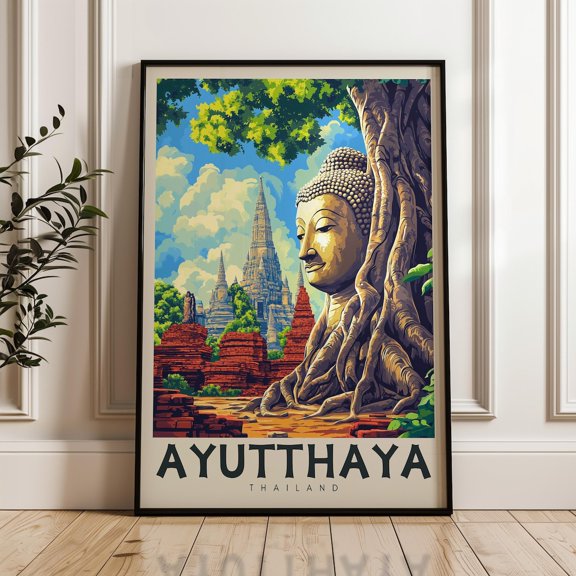 Ayutthaya Temple Travel Print, Thailand Wall Art, Stretched Canvas 16x20in