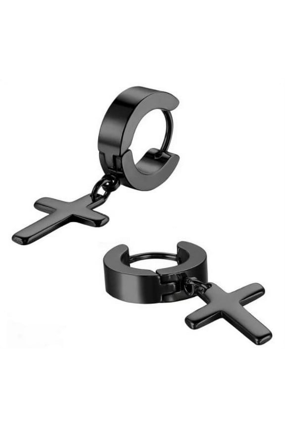 Ayyufe 1 Pair Ear Dangle Cross Pendant Eco-friendly Stainless Steel Huggie Hinged Hoop Earrings for Men