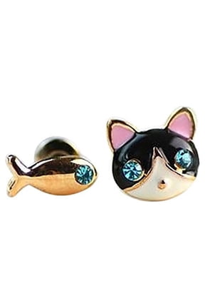 1 Pair Korean Women Cat Fish Rhinestone Stud Earrings