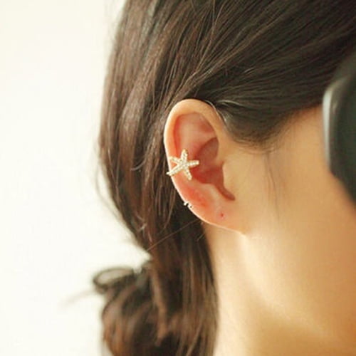 Ayyufe 1 Piece Glitter Rhinestone Decor Starfish Pattern Ear Stud Clip Cuff Earring