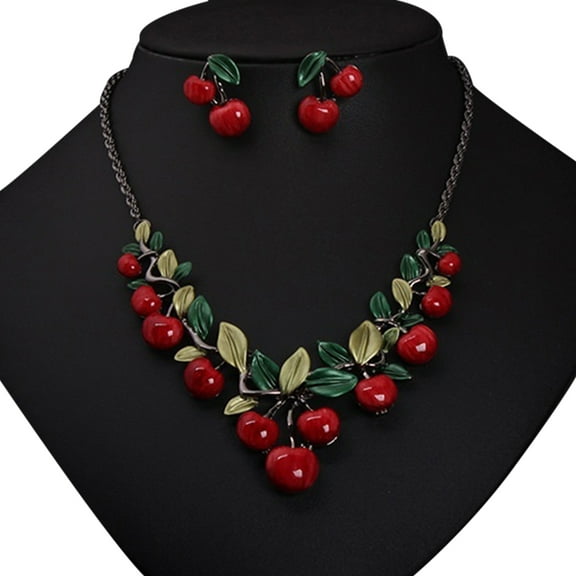 Ayyufe 1 Set Vintage Red Cherry Fruit Set Chic Bridal Necklace Earrings