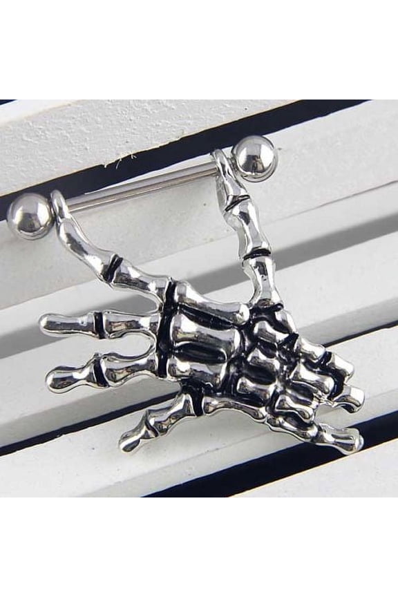 14G Skeleton Skull Hand Bar Barbell Nipple Shield Ring Punk Body Piercing